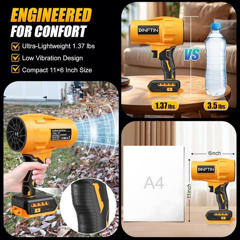 Dinftin Brushless Cordless Leaf Blower Compatible for DeWalt 20V Battery(Tool Only), 125MPH 430CFM Variable Speed Turbo Blower, Lightweight Handheld Blower for Lawn, Garage, Snow, Patio - Image 4